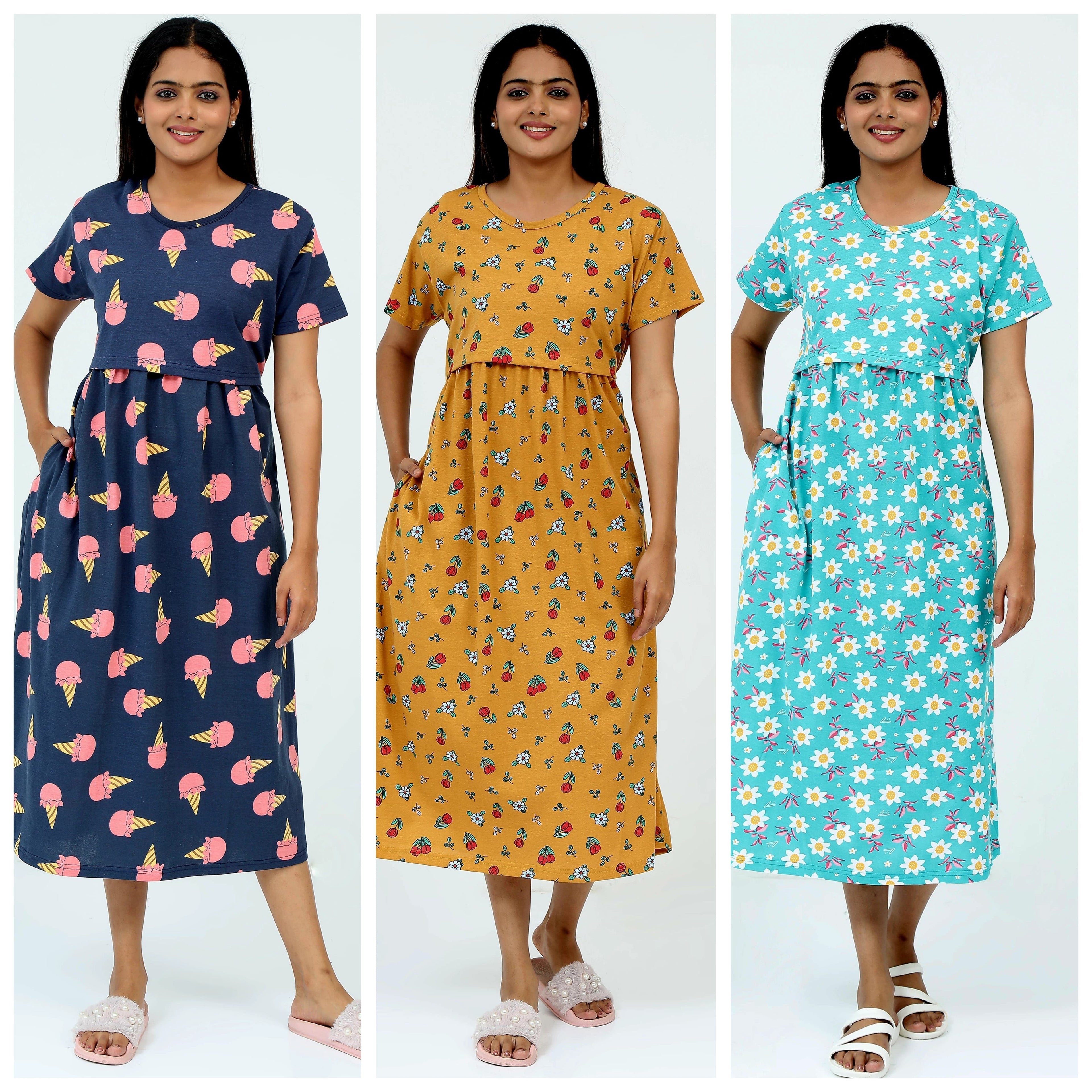 Women's Pure Cotton Maternity Gown/Maternity wear/Feeding 3 pieces