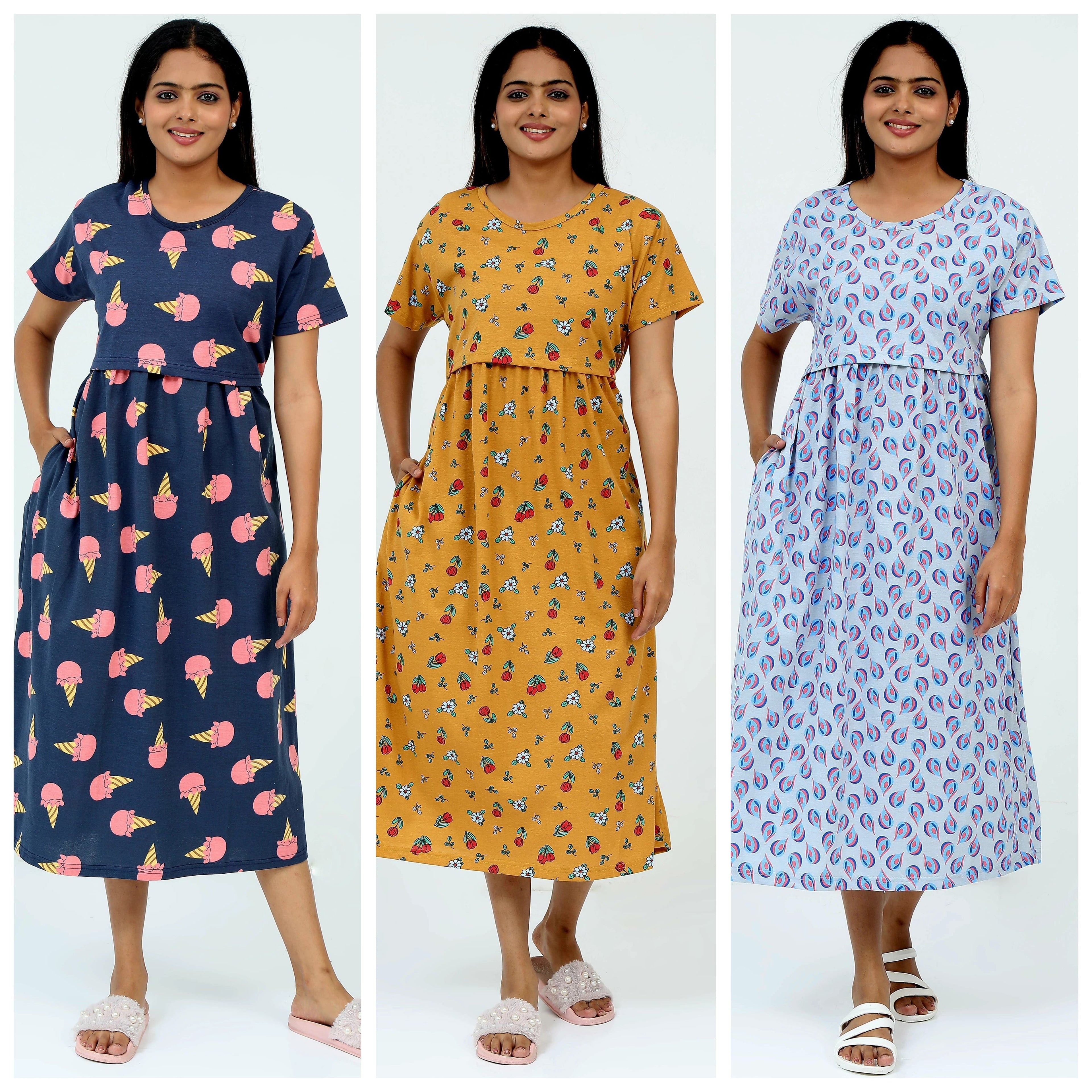 Women's Pure Cotton Maternity Gown/Maternity wear/Feeding 3 pieces