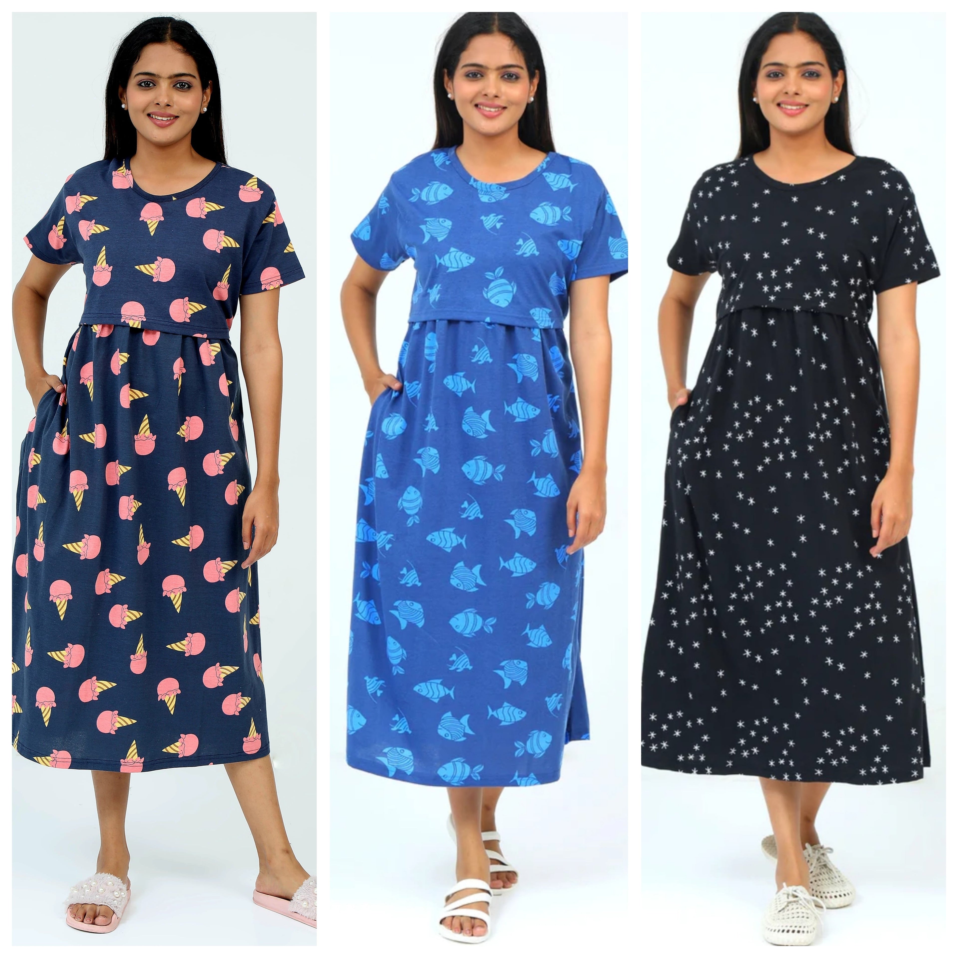 Women's Pure Cotton Maternity Gown/Maternity wear/Feeding 3 pieces