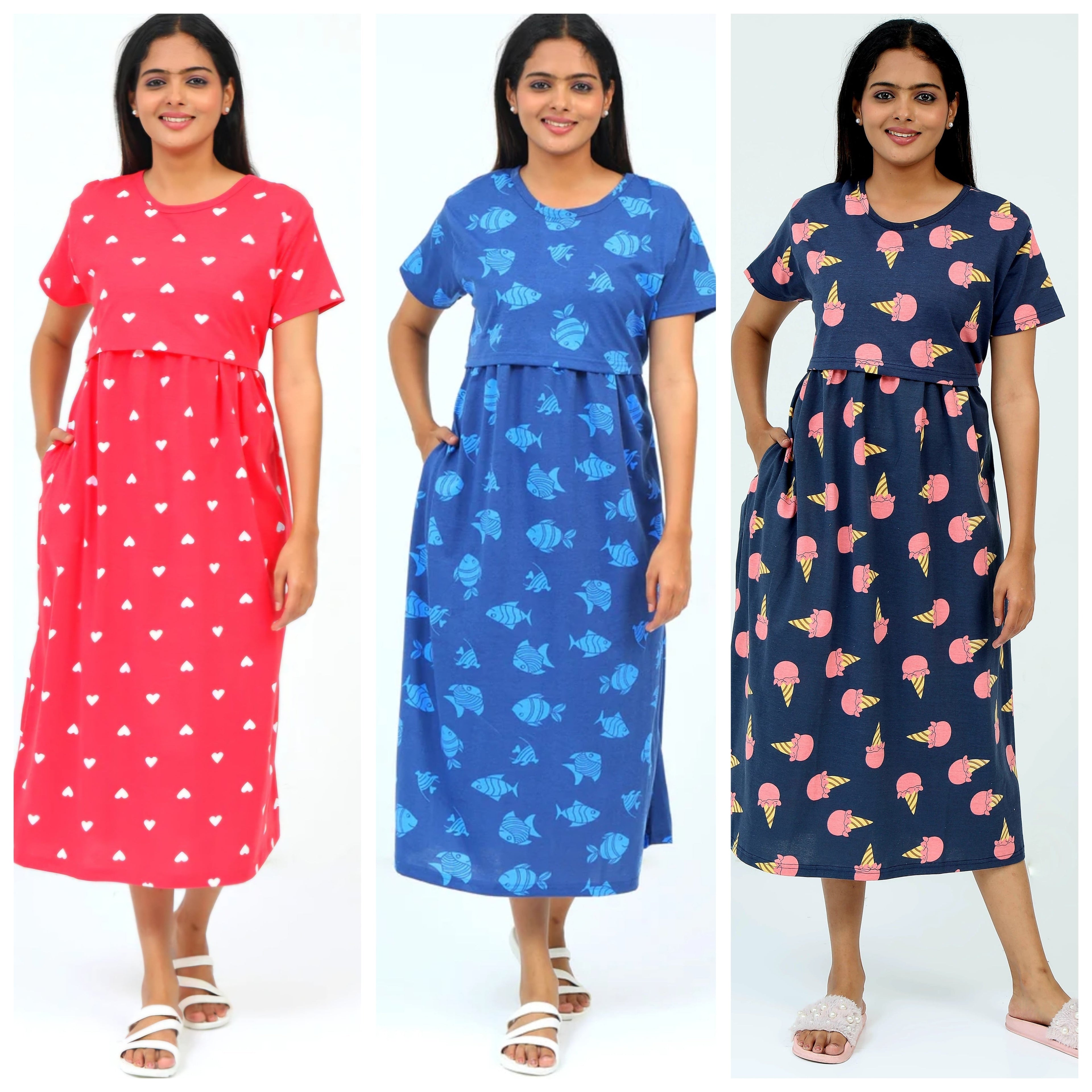 Women's Pure Cotton Maternity Gown/Maternity wear/Feeding 3 pieces
