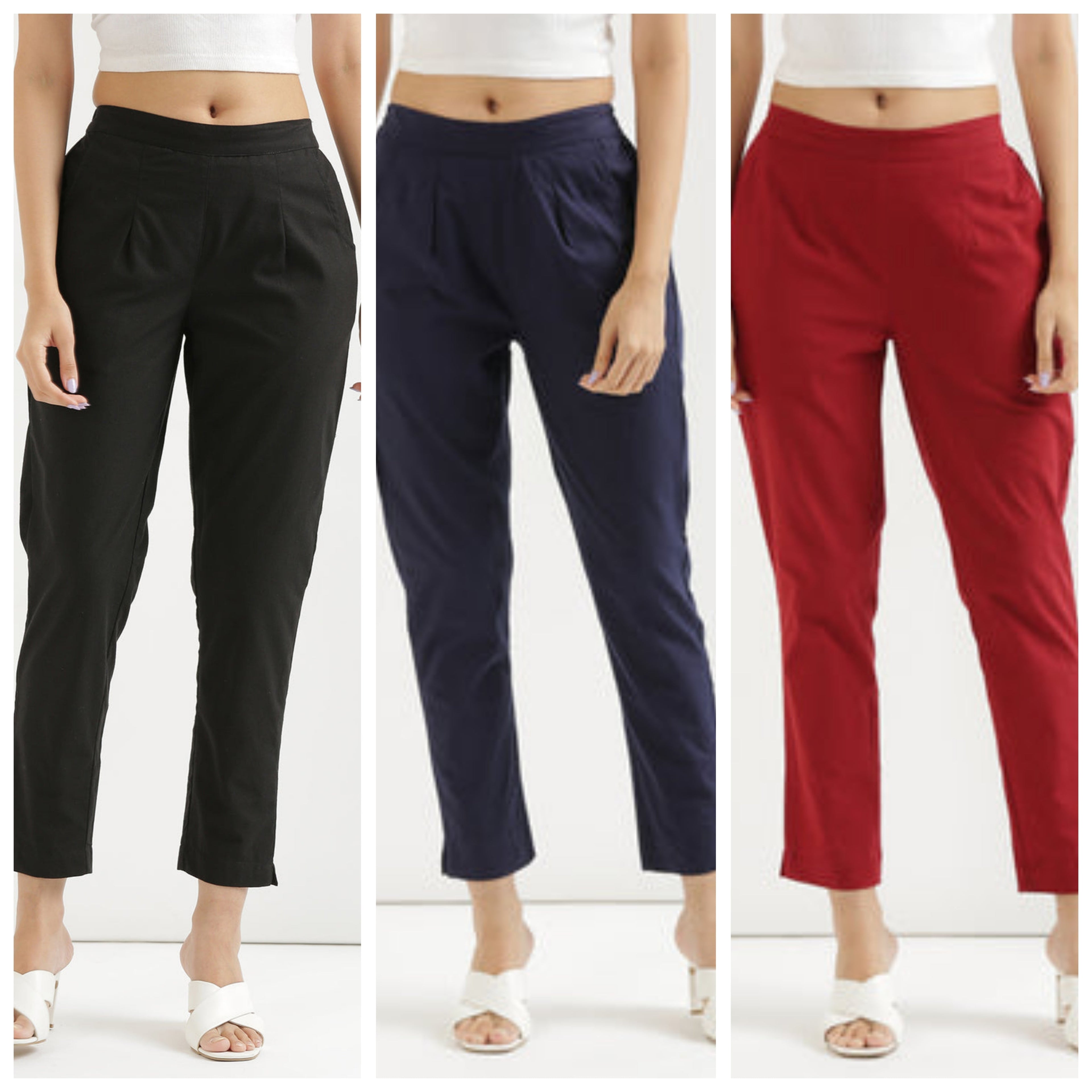 Women Cotton Pant Elasticated Waist Regular Slim Fit Trouser, Pocket Pants for Office School Formal Casual Daily Use