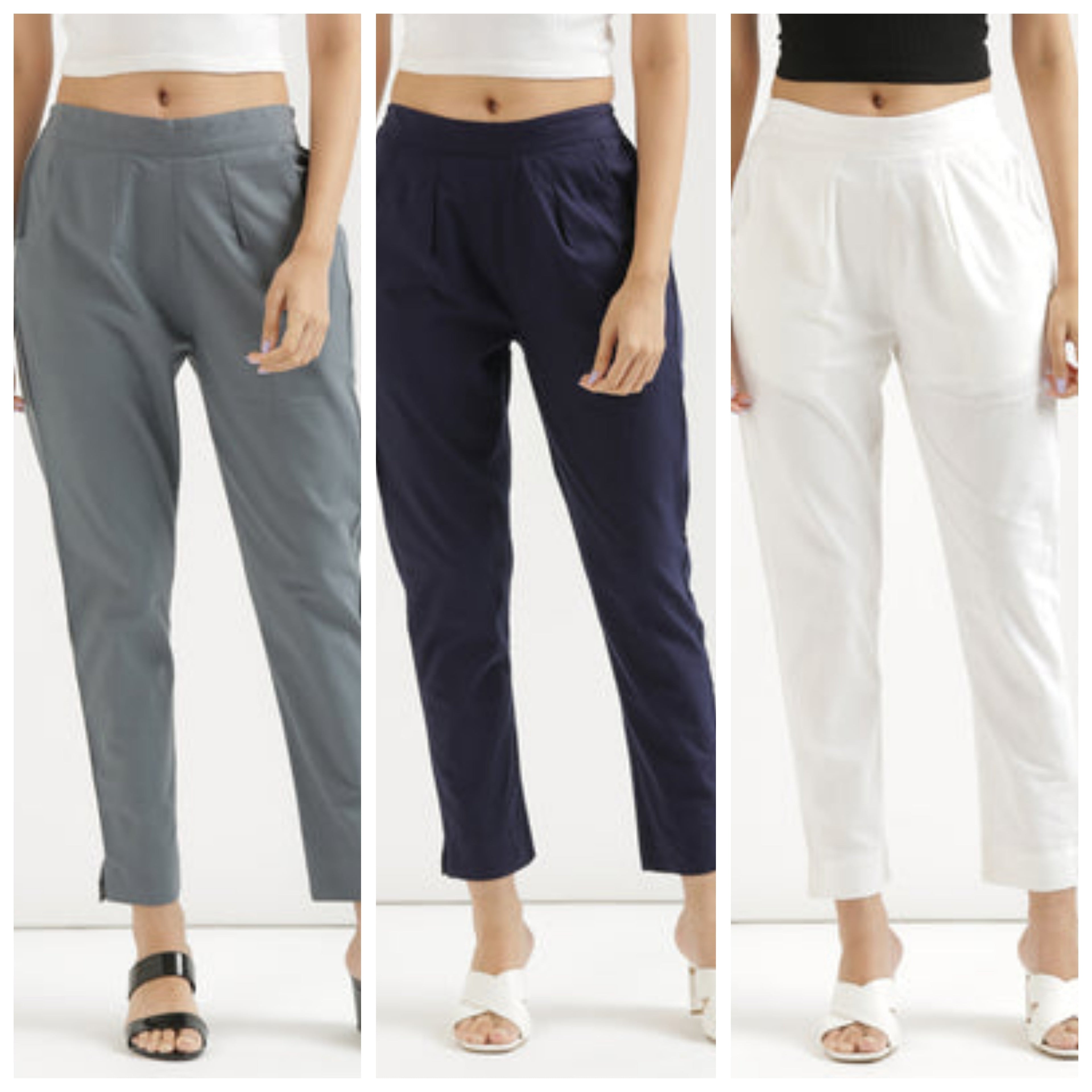 3 piece Women Cotton blended rayon Pant Half-Elasticated Waist Regular Slim Fit Trouser, Pocket Pants for Office School Formal Casual Daily Use