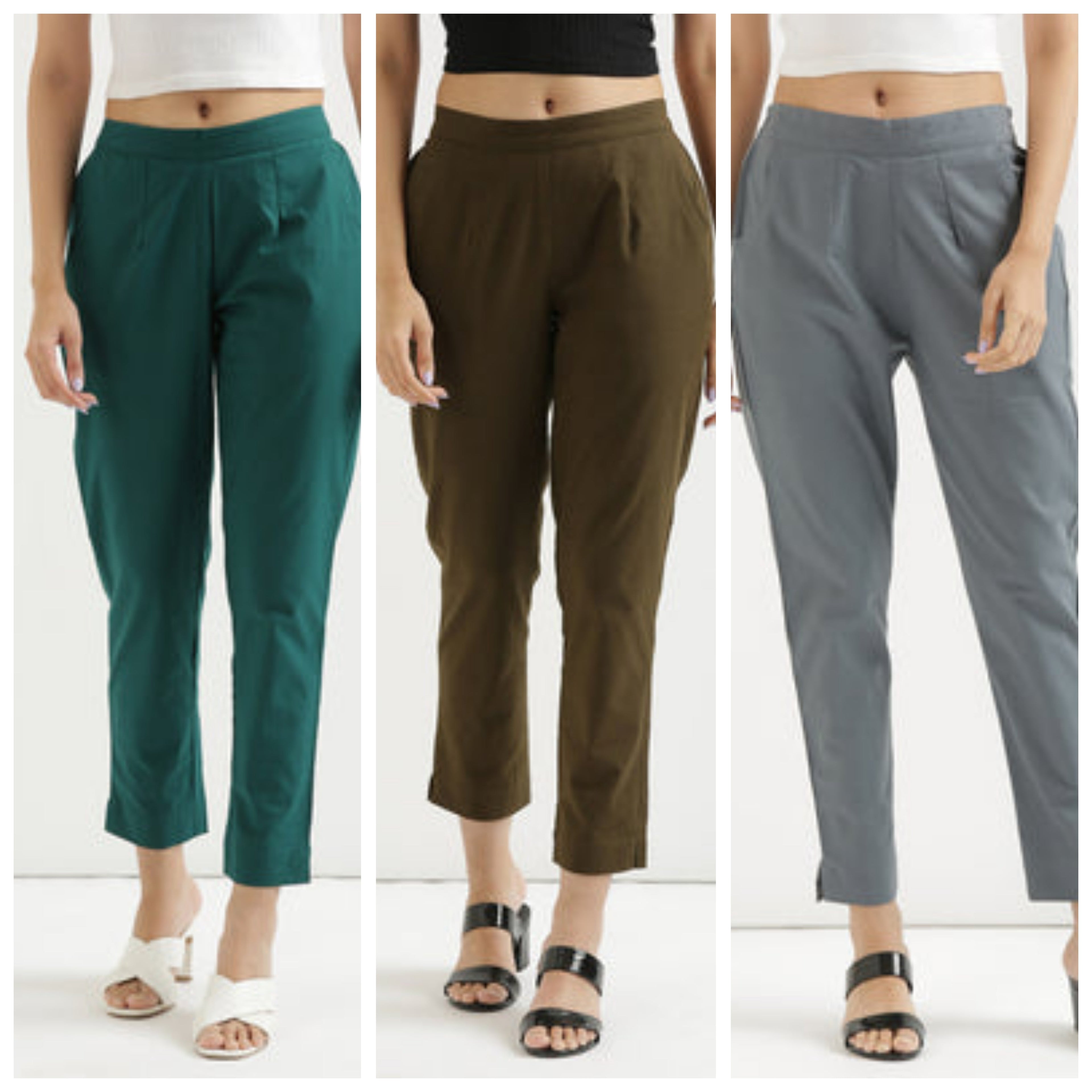 Women Cotton Pant Elasticated Waist Regular Slim Fit Trouser, Pocket Pants for Office School Formal Casual Daily Use (Copy)