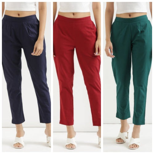 3 piece Women Cotton blended rayon Pant Half-Elasticated Waist Regular Slim Fit Trouser, Pocket Pants for Office School Formal Casual Daily Use