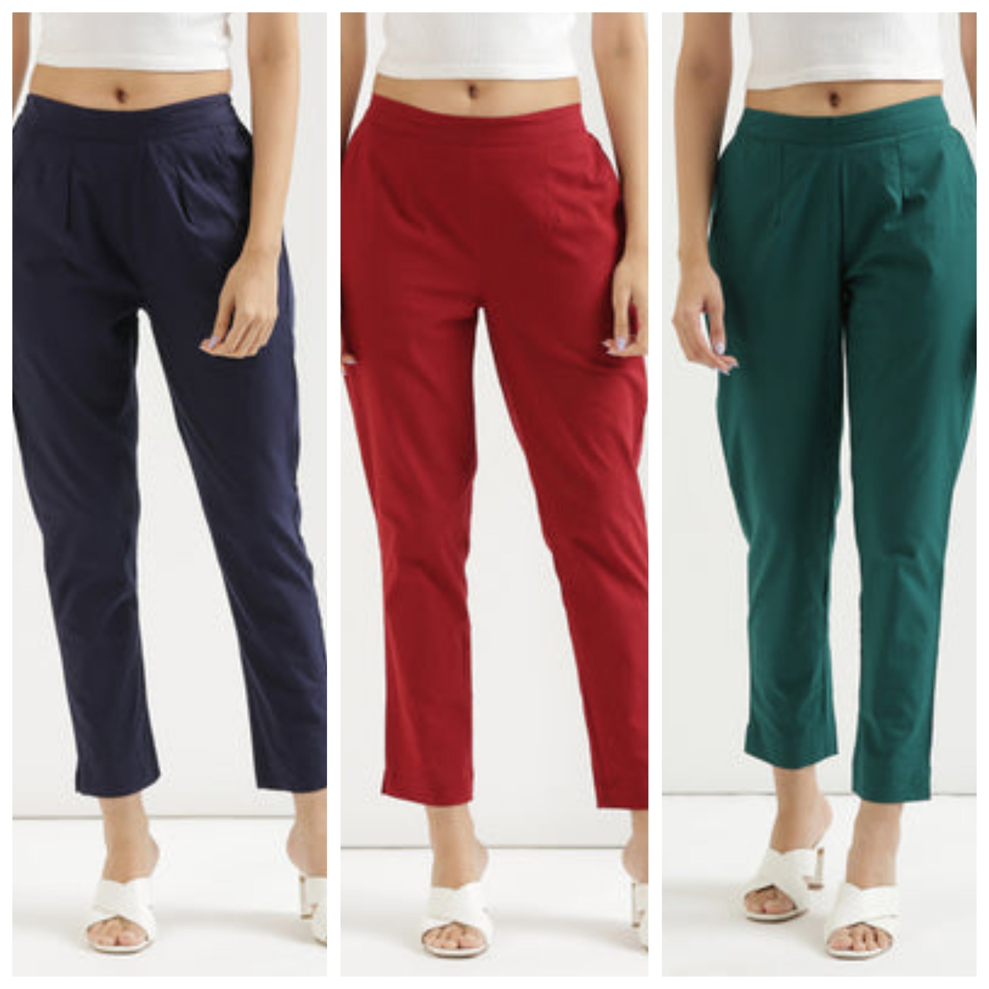 Women Cotton Pant Elasticated Waist Regular Slim Fit Trouser, Pocket Pants for Office School Formal Casual Daily Use