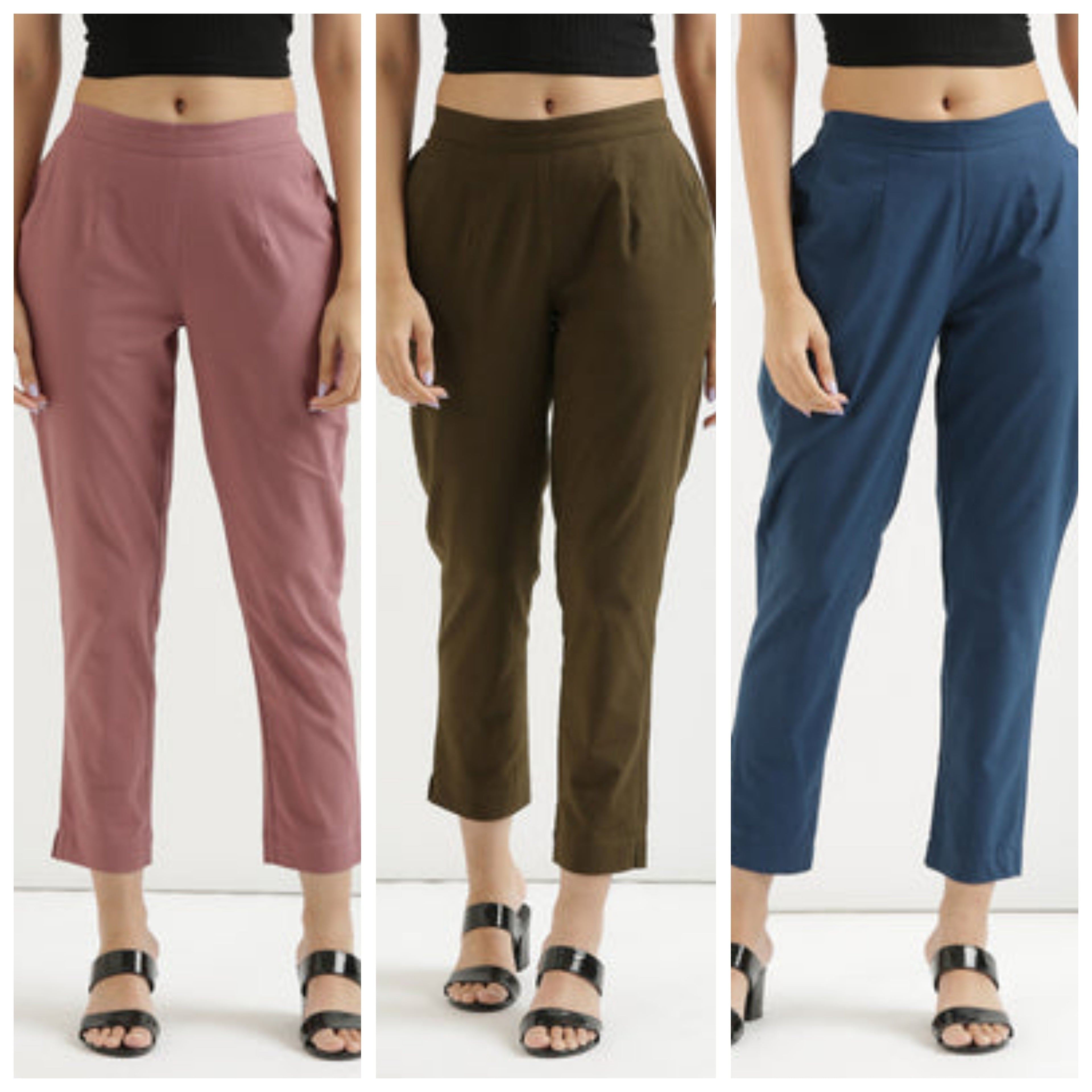 Women Cotton Pant Elasticated Waist Regular Slim Fit Trouser, Pocket Pants for Office School Formal Casual Daily Use