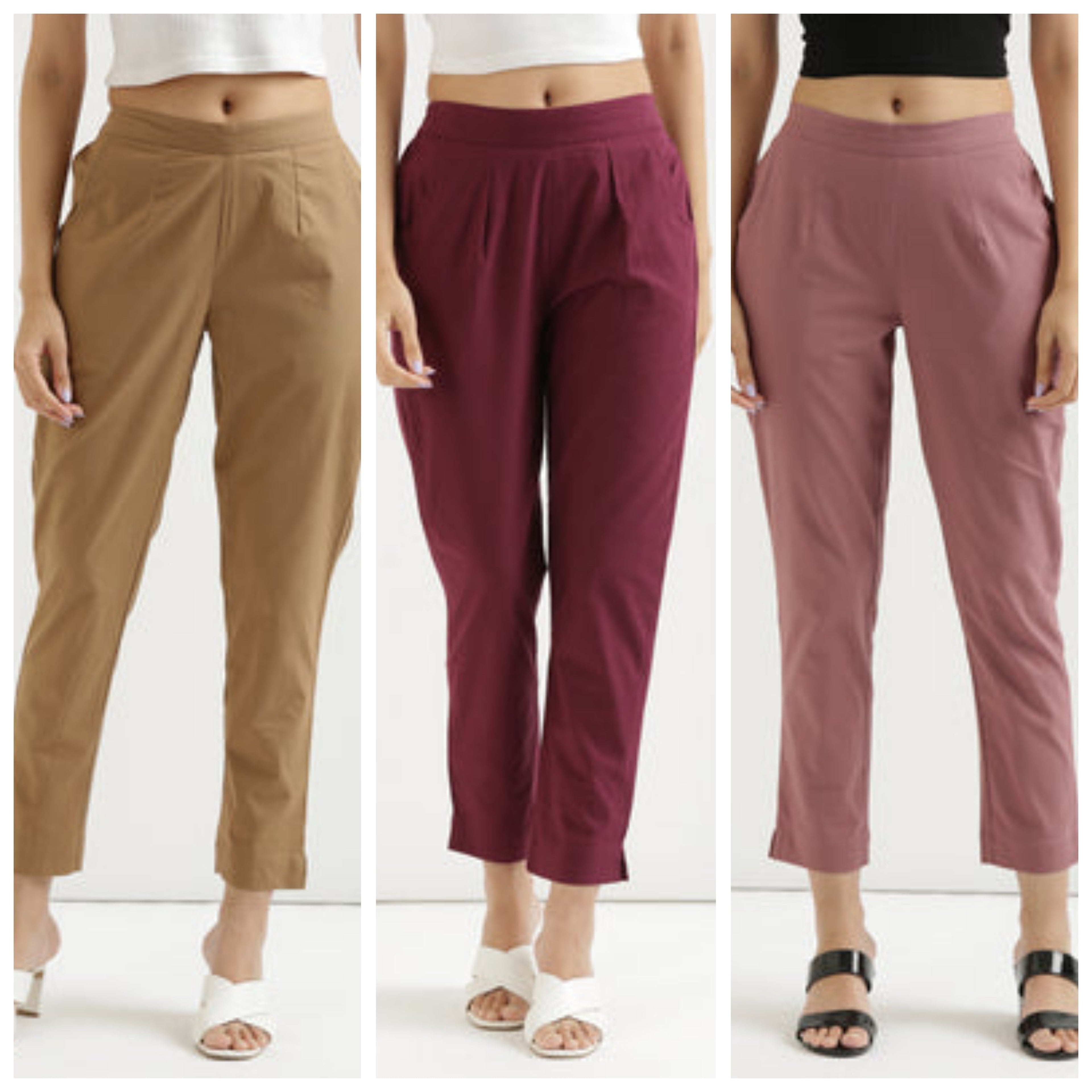 Women Cotton Pant Elasticated Waist Regular Slim Fit Trouser, Pocket Pants for Office School Formal Casual Daily Use